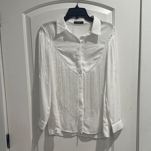 SHEIN White Fringe Button-Down Shirt
